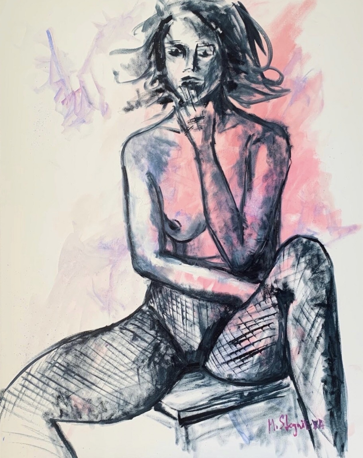 Nude Girl in Fishnet Stockings, erotic nude painting by Marina Stognieva